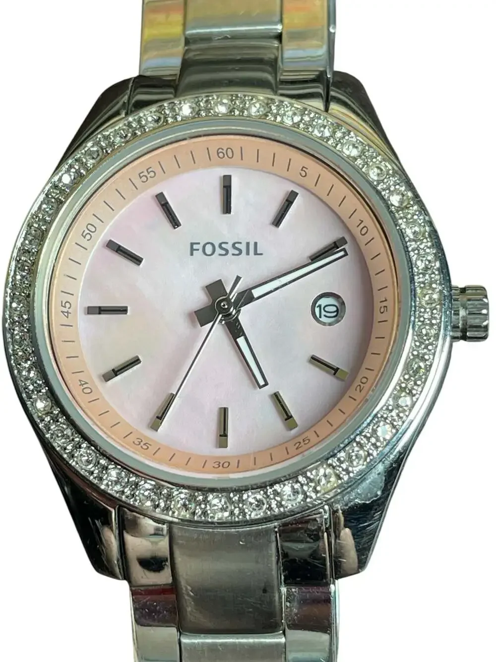 Fossil Stella ES2999 Crystal Accented Pink Mother of Pearl Dial Women's Watch